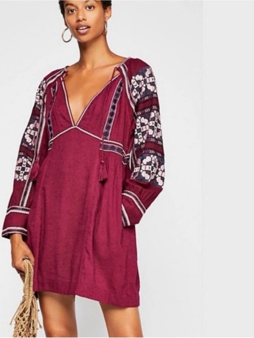 Free People Embroidered Wine-Red V-Neck Mini Dress